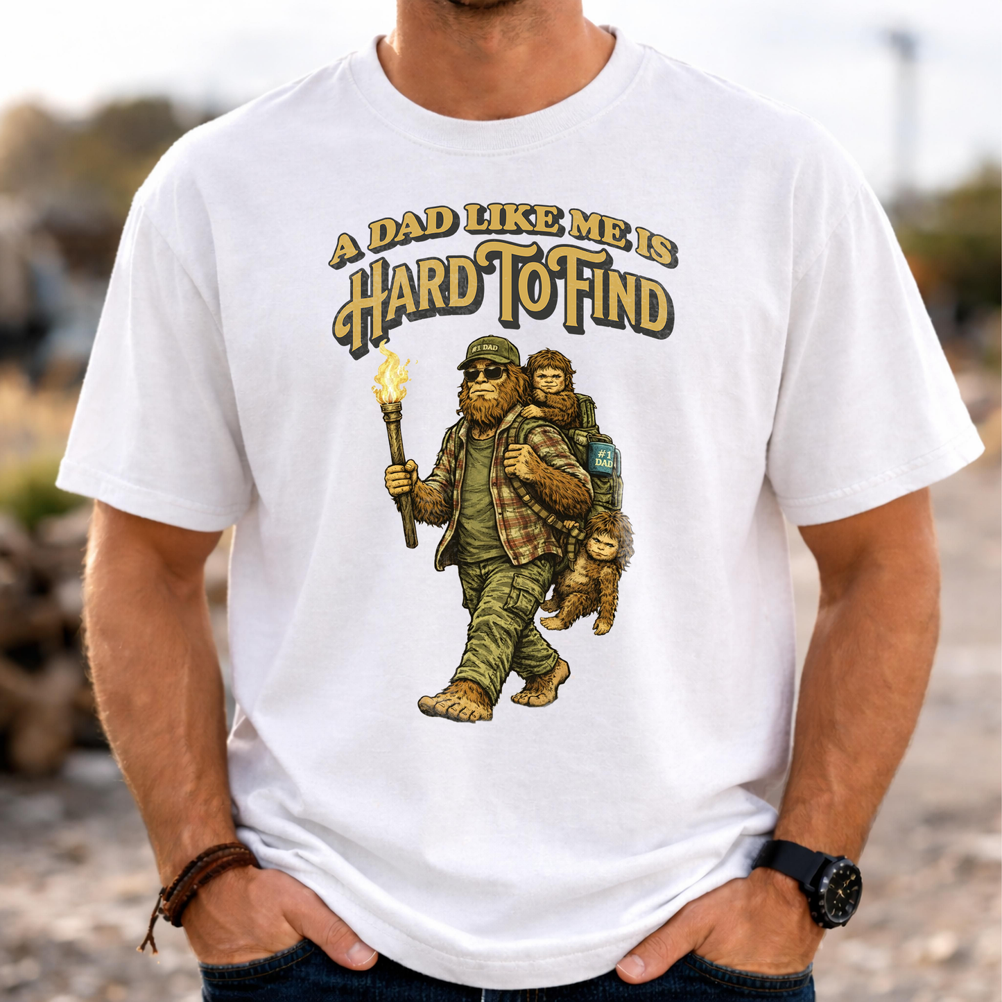 “A Dad Like Me Is Hard To Find” Funny Sasquatch Bigfoot T-Shirt for Dads, Retro Vintage Father’s Day Gift Idea – Organic Heavy T-Shirt