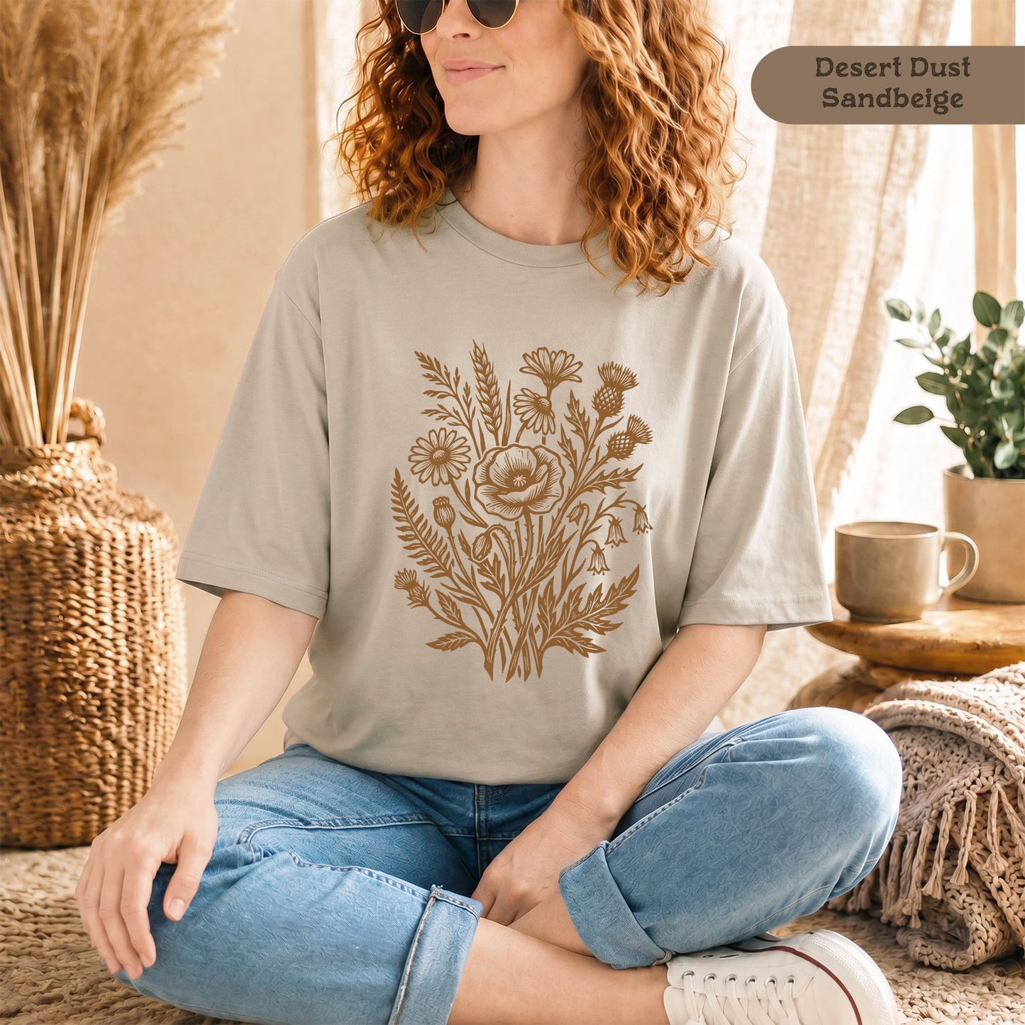 Wildblumen T-Shirt mit braunem Linolschnitt Print