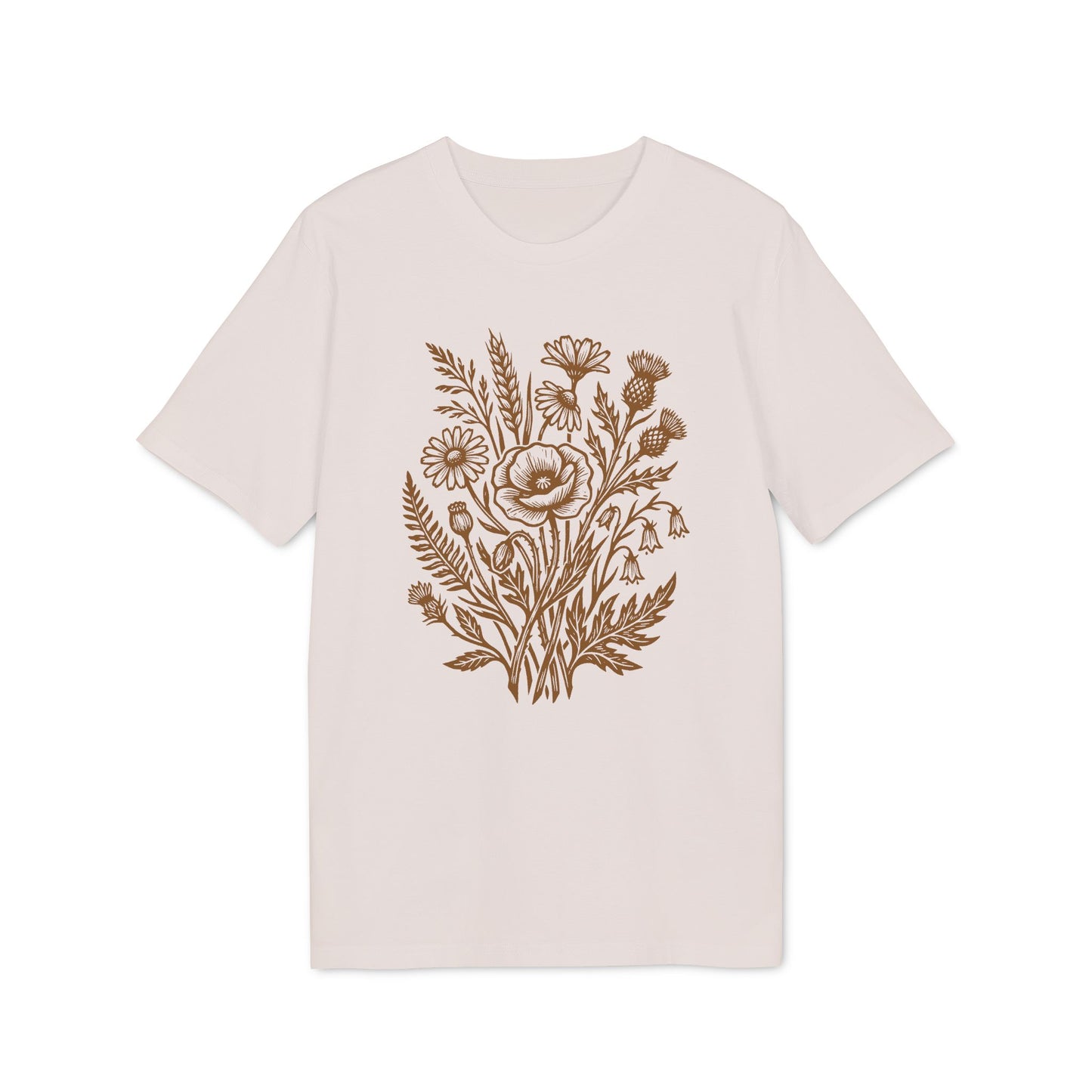 Wildblumen T-Shirt mit braunem Linolschnitt Print