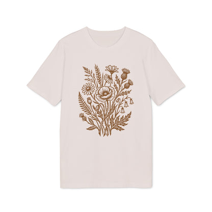 Wildblumen T-Shirt mit braunem Linolschnitt Print