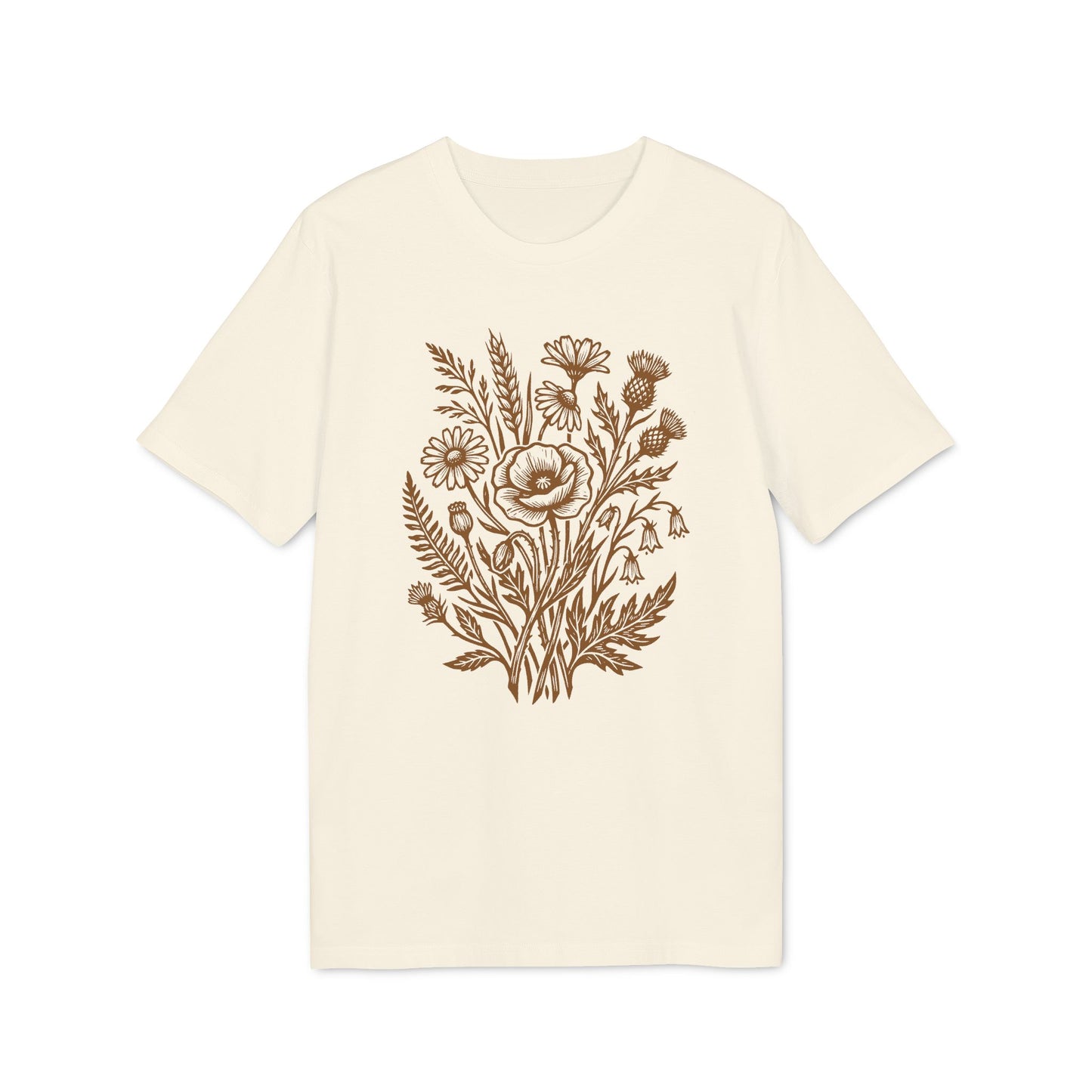 Wildblumen T-Shirt mit braunem Linolschnitt Print