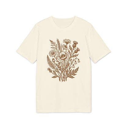 Wildblumen T-Shirt mit braunem Linolschnitt Print