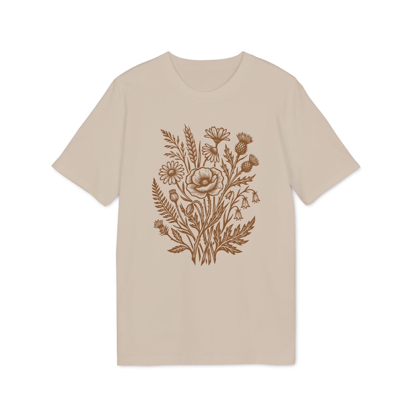 Wildblumen T-Shirt mit braunem Linolschnitt Print