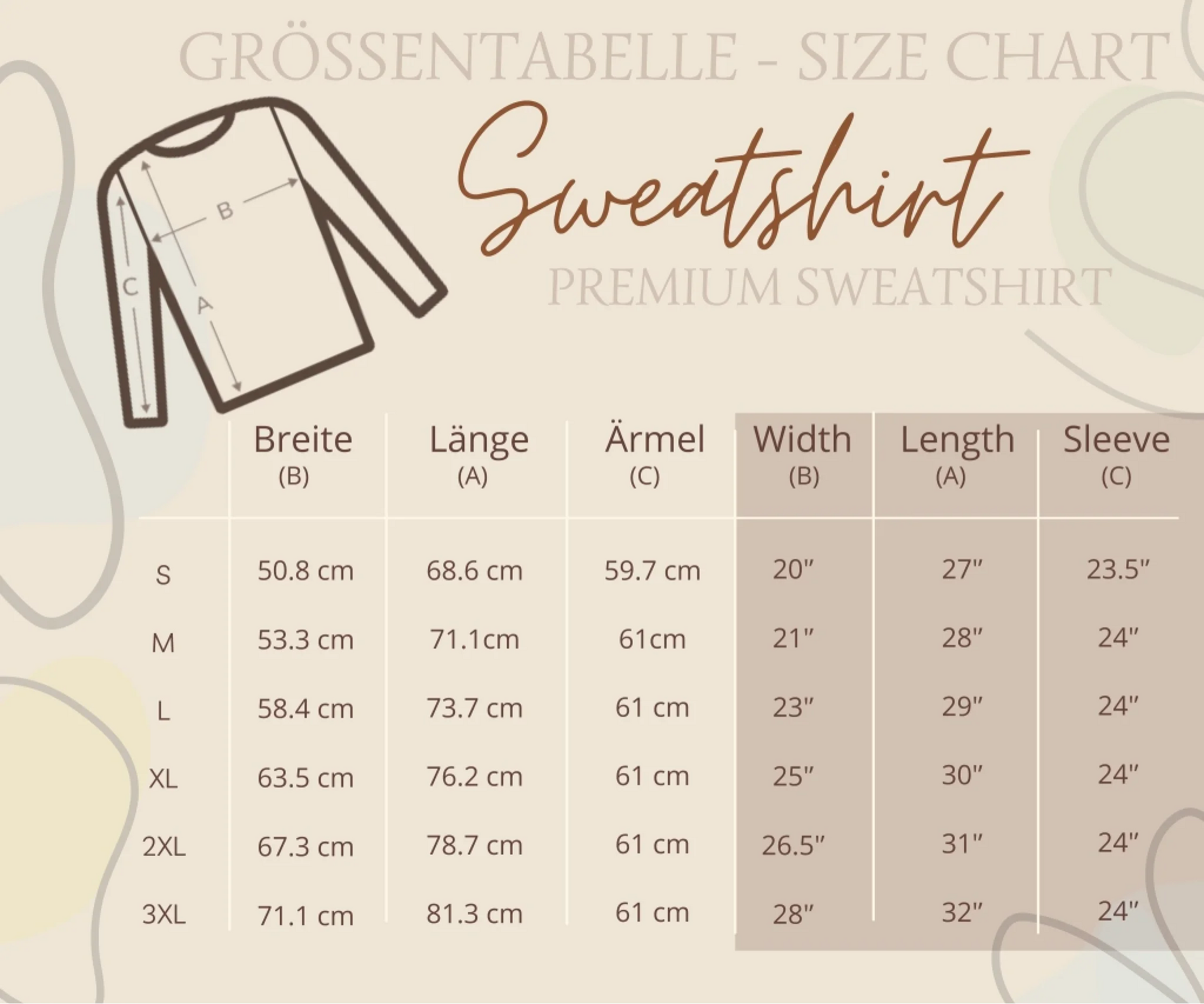 PRINTFUL_Groessentabelle PremiumSweatshirt
