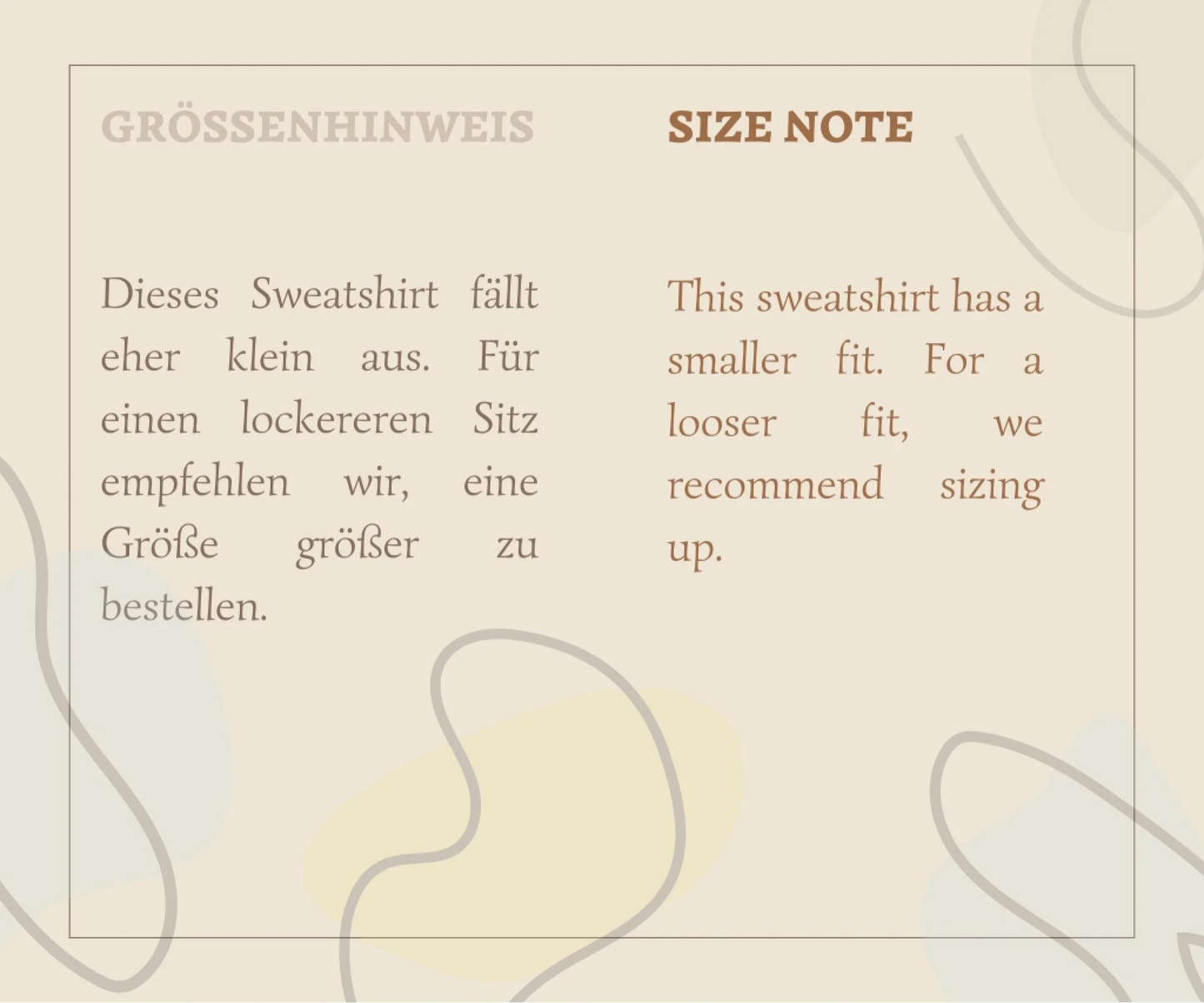 Sweatshirt Size Note