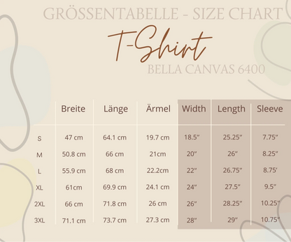 Groessentabelle Bella Canvas 6400 TShirt