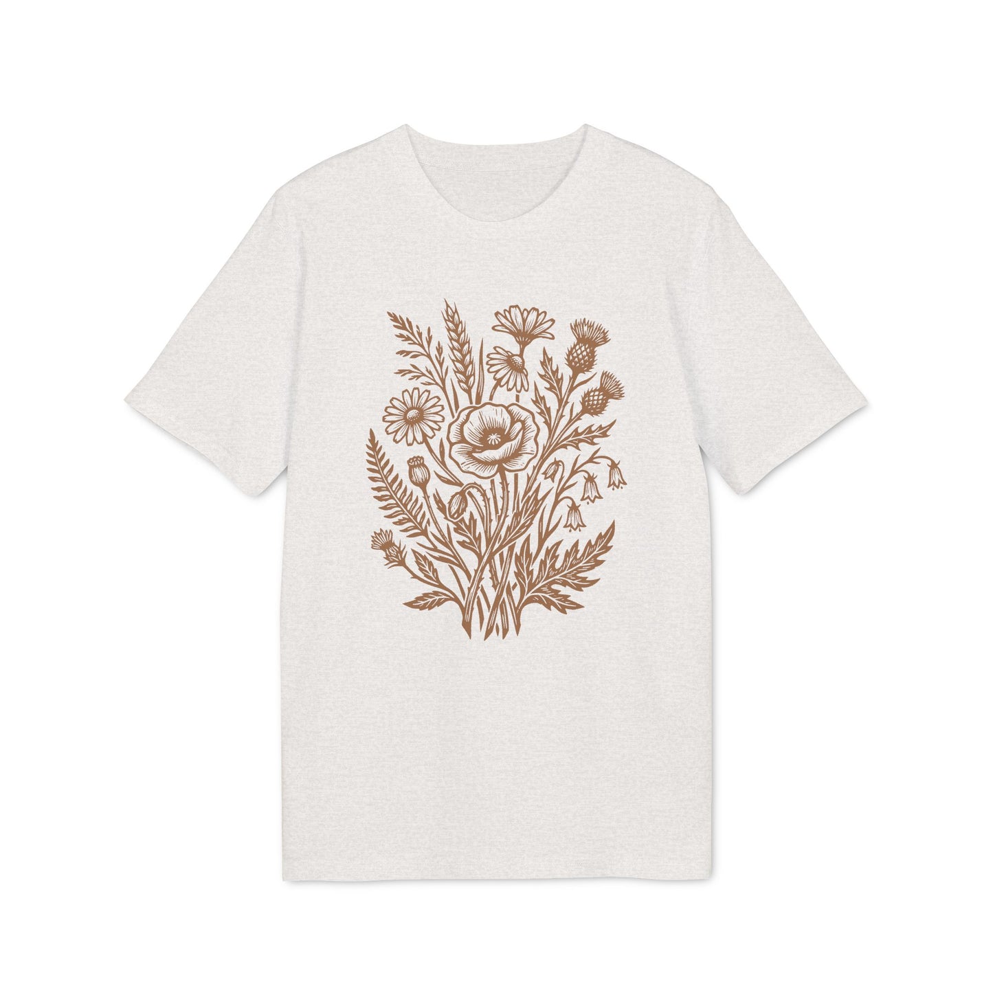 Wildblumen T-Shirt mit braunem Linolschnitt Print