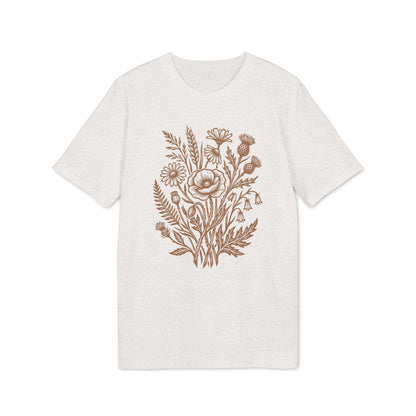 Wildblumen T-Shirt mit braunem Linolschnitt Print