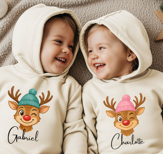 Personalisierbarer Baby-Kapuzenpullover mit Rentiermotiv aus 85% Baumwolle in Bio-Qualität