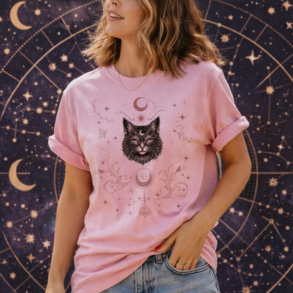 Astro Spirit Katzen-Shirt: Himmlisches Florales Mondphasen Grafik-T-Shirt
