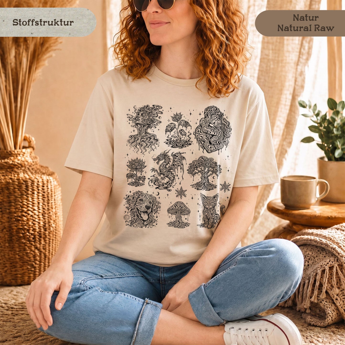 Psychedelische Motive auf 100% Bio-Shirt