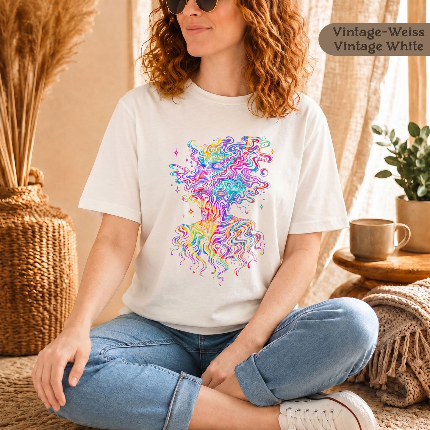 Psychedelisches Damen T-Shirt mit farbenfrohem Frauenporträt