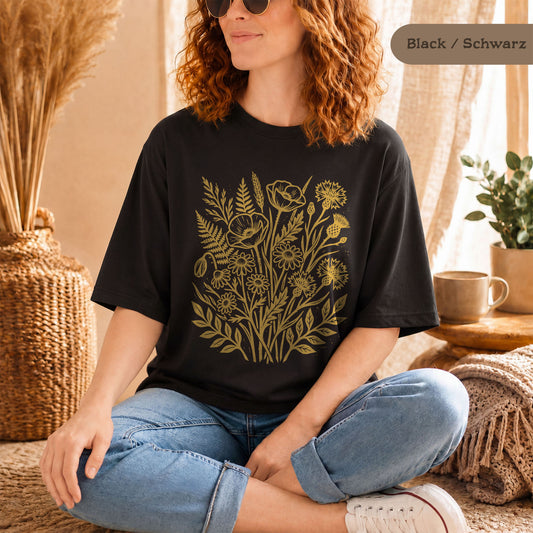 Retro Wildblumen Shirt mit honiggelbem Motiv aus Bio Baumwolle