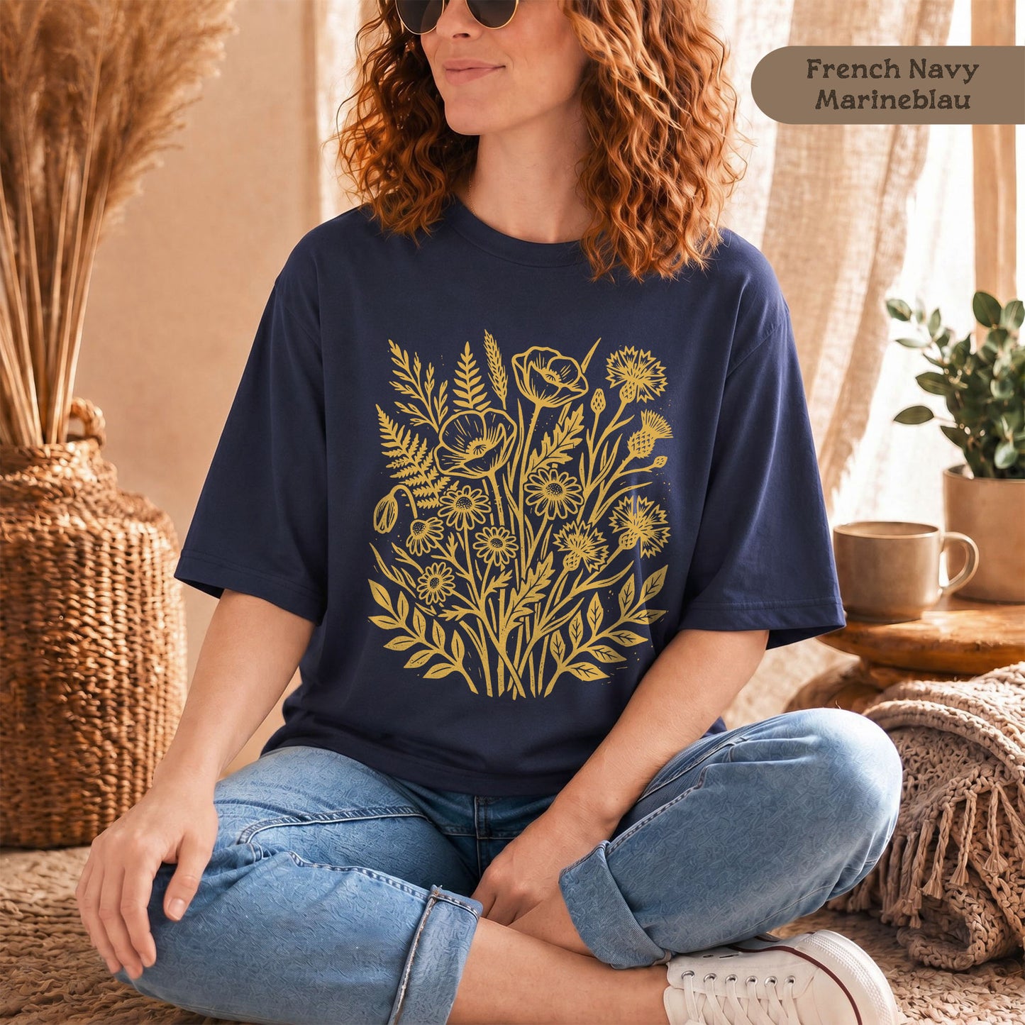 Retro Wildblumen Shirt mit honiggelbem Motiv aus Bio Baumwolle