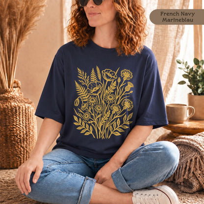 Retro Wildblumen Shirt mit honiggelbem Motiv aus Bio Baumwolle