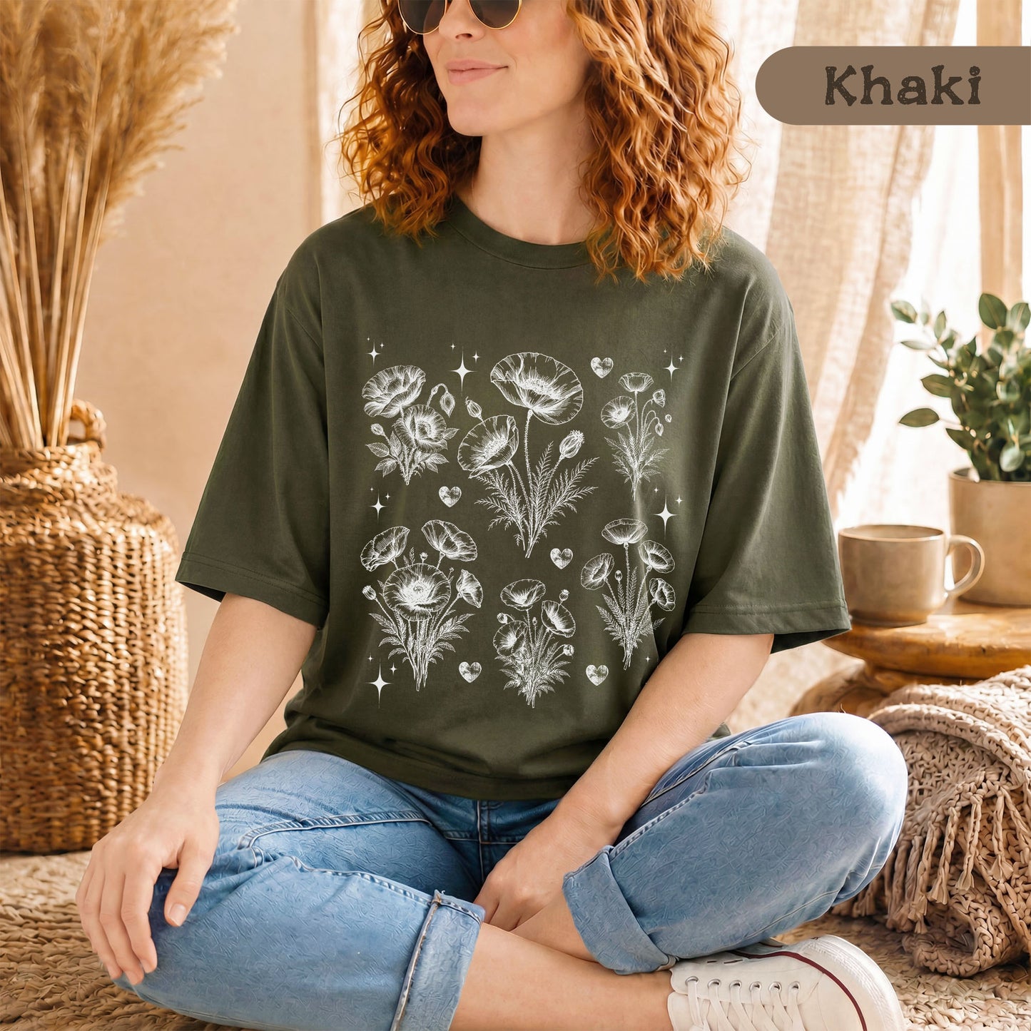 Nachhaltiges Mohnblumen Line Art T-Shirt