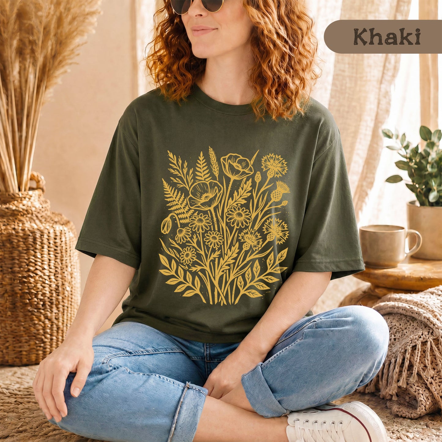 Retro Wildblumen Shirt mit honiggelbem Motiv aus Bio Baumwolle