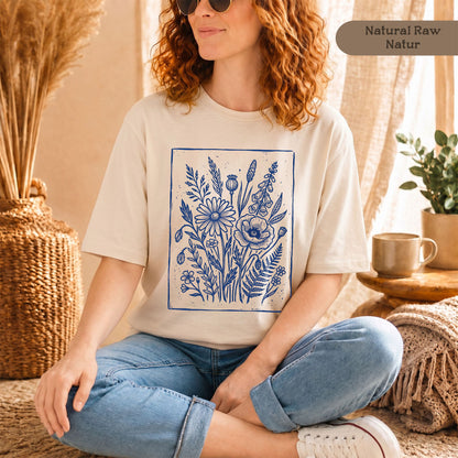 Vintage Blumen Linolschnitt Bio T-Shirt