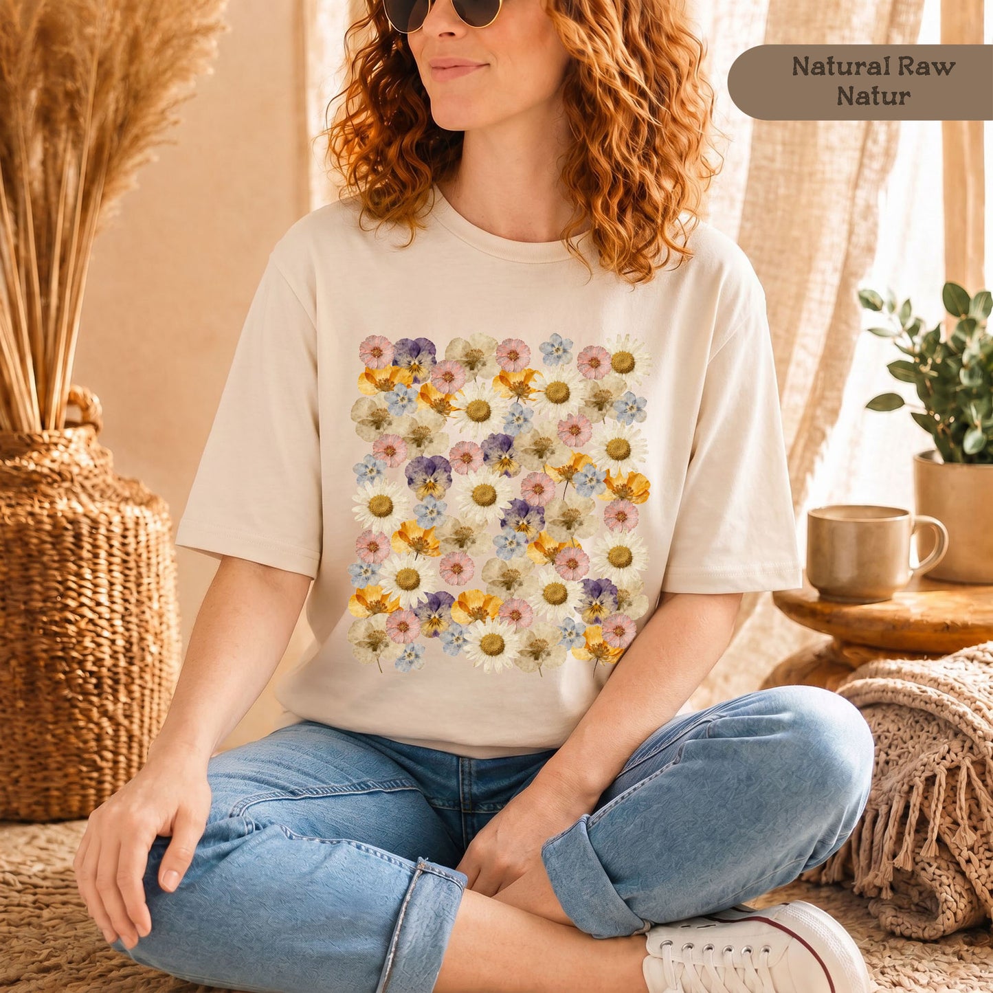 Nachhaltiges T-Shirt Damen mit gepresstem Wildblumen-Motiv