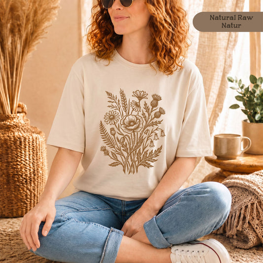Wildblumen T-Shirt mit braunem Linolschnitt Print