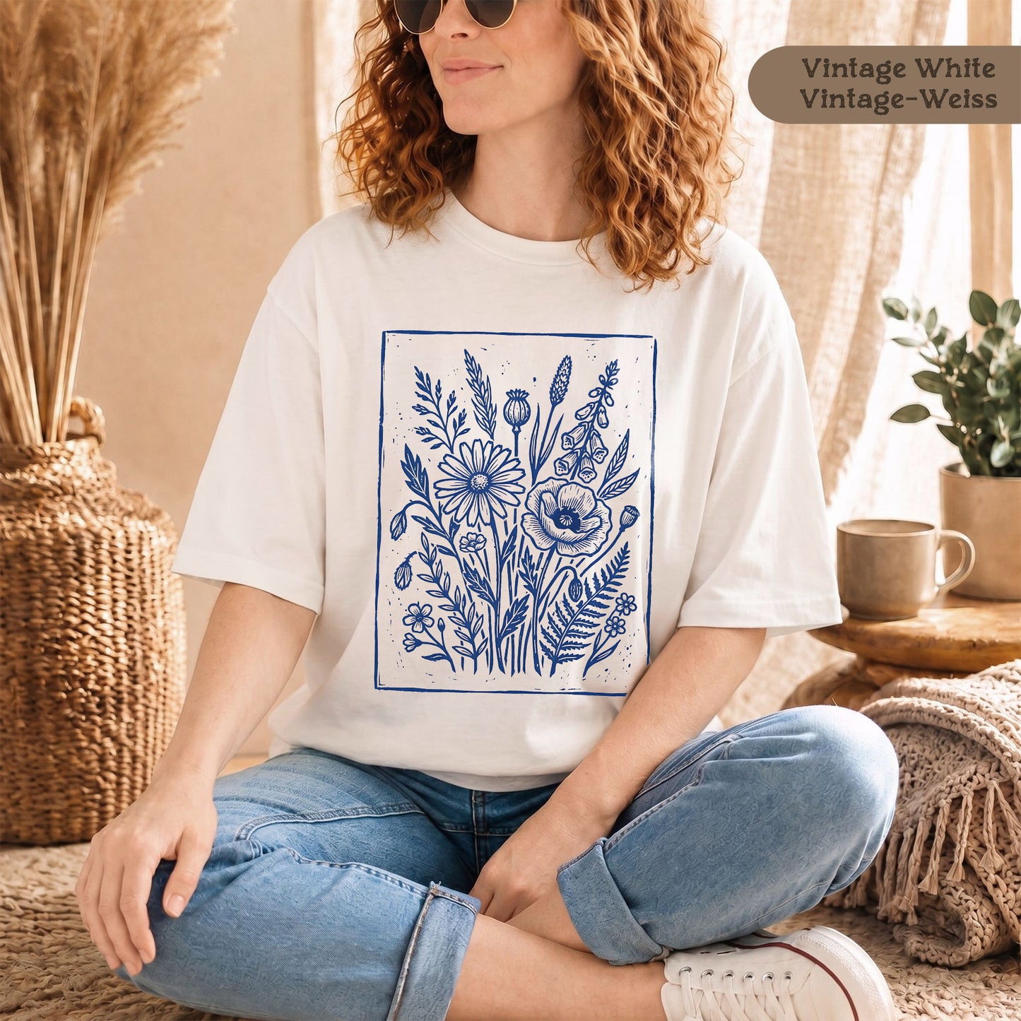 Vintage Blumen Linolschnitt Bio T-Shirt