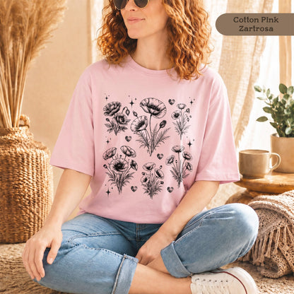 Nachhaltiges Mohnblumen Line Art T-Shirt